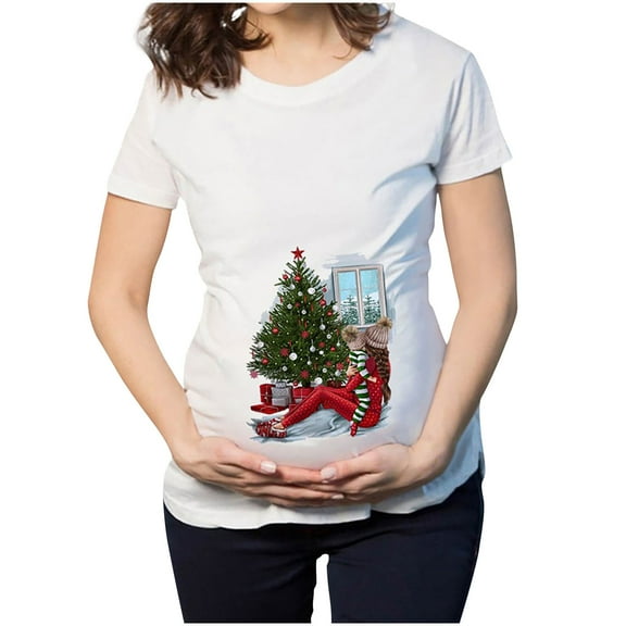 Kukoosong Women's Short Sleeve Maternity T Shirt Clothes for Women Christmas T-Shirt Elk Snowman Cartoon Print Maternity Clothing Short Sleeve Top Pregnancy T-Shirt Blue M