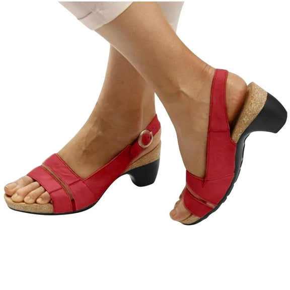 Kukoosong Womens Heeled Sandals Summer Fish Mouth Medium Thick Heel Metal Buckle Sandals Beach Sandals Red 36