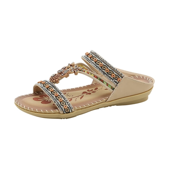 Kukoosong Womens Sandals Bohemian Flat Flower Rhinestone Sandals Outer Beach Flat Sandals for Women Beige 35
