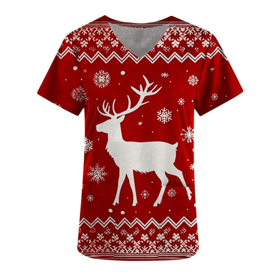Holiday Savings! Horkkom Christmas Scrub Tops Women V Neck Short Sleeve Nurse Scrubs Reindeer Printed Uniform T-shirt with Pockets