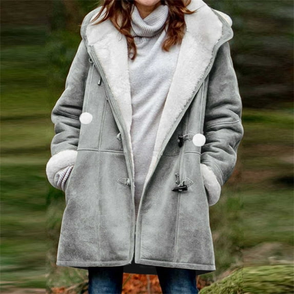 Horkkom Fleece Jacket Women Button Hooded Solid Color Coats Winter Warm Thick Jackets with Pockets, Gifts for Women