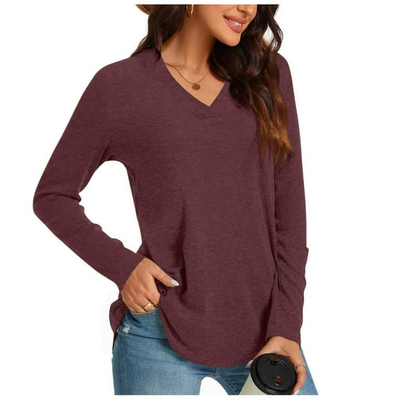 Horkkom Long Sleeve Shirts for Women Casual V Neck Solid Color Tops Comfy Loose Layer T Shirts, Gifts for Women