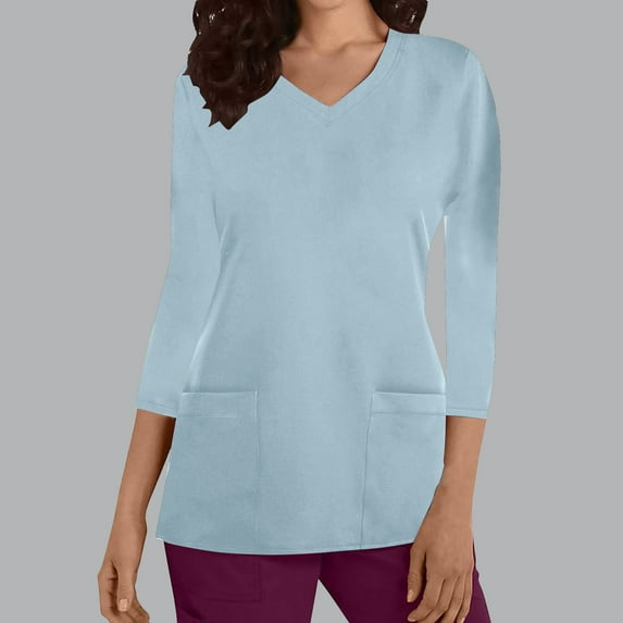Horkkom Scrub Tops Women Plus Size 3/4 Sleeve Nurse Scrubs V Neck Solid Color Uniform T-shirt with Pockets, Gifts for Women