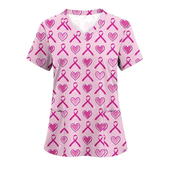 Horkkom Scrub Tops Women V Neck Short Sleeve Nurse Scrubs Heart Printed Uniform T-shirt with Pockets, Gifts for Women