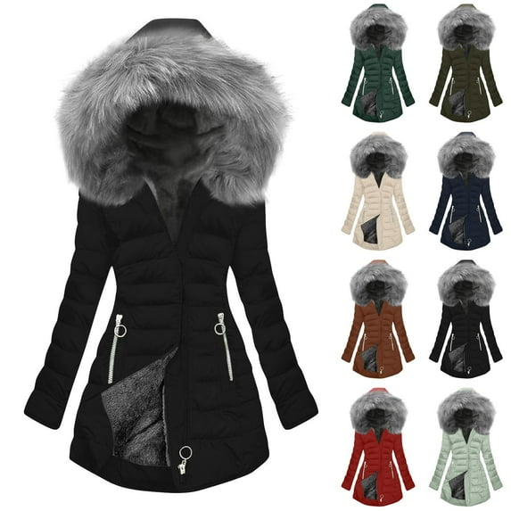 Horkkom Winter Coats for Women Thicken Hooded Zip Jackets Warm Snow Solid Color Plus Size Jacket with Pockets, Gifts for Women