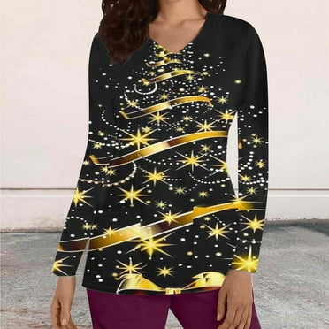 Holiday Savings! Titcea Christmas Long Sleeve Scrub Tops Women V Neck Pullover Nursing Tops with Pockets Christmas Party Comfort Casual Shirts