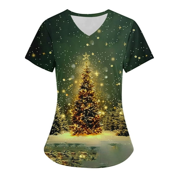 Titcea Christmas Scrub Tops Women Christmas Print Short Sleeved V Neck Scrub Tops with Pockets Lightweight Stretchy Scrub Shirts