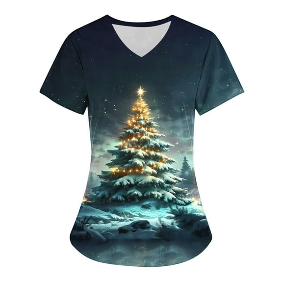 Titcea Christmas Scrub Tops Women Christmas Print Short Sleeved V Neck Scrub Tops with Pockets Lightweight Stretchy Scrub Shirts