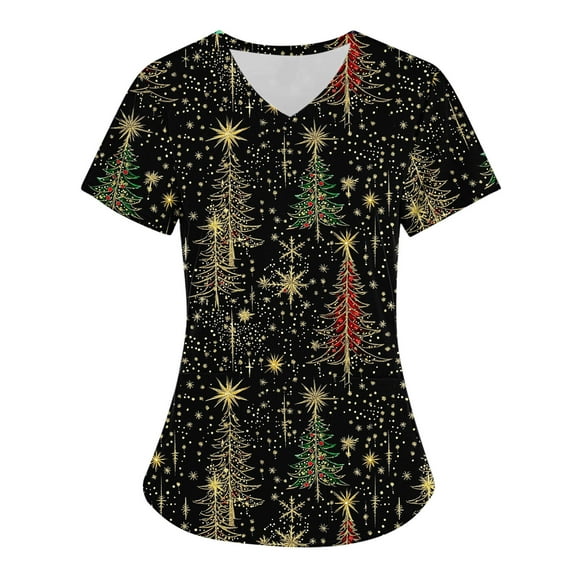 Titcea Christmas Scrub Tops Women Christmas Tree Printed Short Sleeved V Neck Nursing Uniforms with Pockets Lightweight Comfort Scrub Shirts