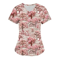 Holiday Savings! Titcea Christmas Scrub Tops Women Christmas Tree Printed Short Sleeved V Neck Nursing Uniforms with Pockets Loose Comfort Scrub Tops