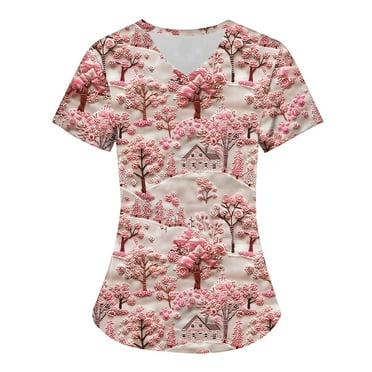 Holiday Savings! Titcea Christmas Scrub Tops Women Christmas Tree Printed Short Sleeved V Neck Nursing Uniforms with Pockets Loose Comfort Scrub Tops