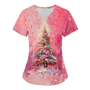Holiday Savings! Titcea Christmas Scrub Tops Women Christmas Tree Printed Short Sleeved V Neck Nursing Uniforms with Pockets Loose Comfort Scrub Tops