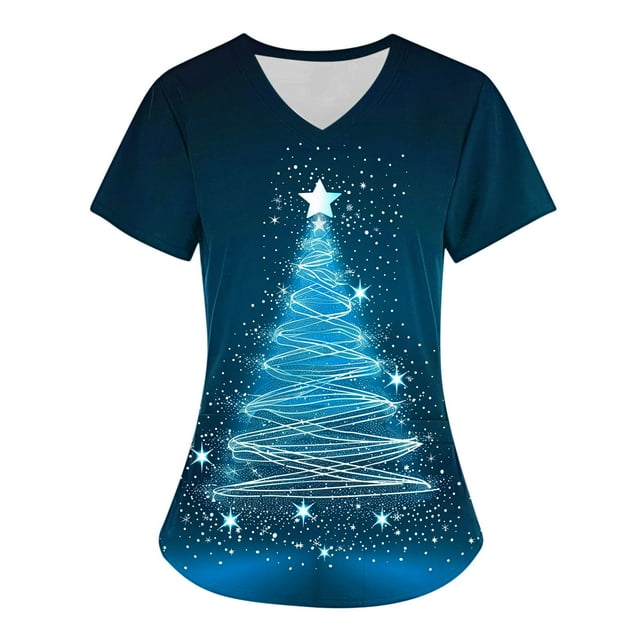 Holiday Savings! Titcea Christmas Scrub Tops Women Christmas Tree Printed Short Sleeved V Neck Nursing Uniforms with Pockets Loose Comfort Scrub Tops