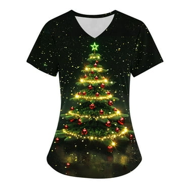 Holiday Savings! Titcea Christmas Scrub Tops Women Christmas Tree Printed Short Sleeved V Neck Nursing Uniforms with Pockets Loose Comfort Scrub Tops