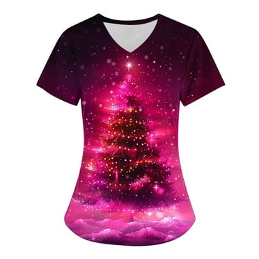 Holiday Savings! Titcea Christmas Scrub Tops Women Christmas Tree Printed Short Sleeved V Neck Nursing Uniforms with Pockets Loose Comfort Scrub Tops