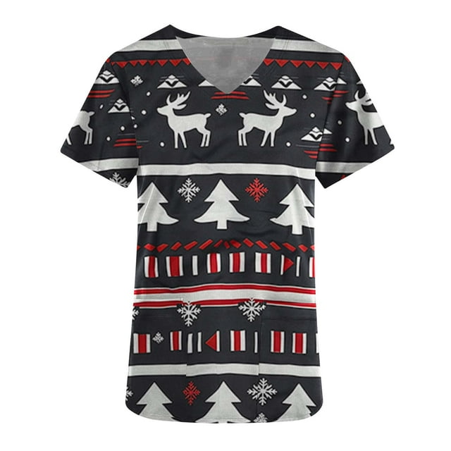 Holiday Savings! Titcea Christmas Scrub Tops Women Christmas Printed Short Sleeved V Neck Scrub Tops with Pockets Lightweight Stretchy Working Uniform