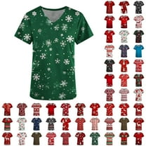 Holiday Savings! Titcea Christmas Scrub Tops Women Christmas Printed Short Sleeved V Neck Scrub Tops with Pockets Lightweight Stretchy Working Uniform