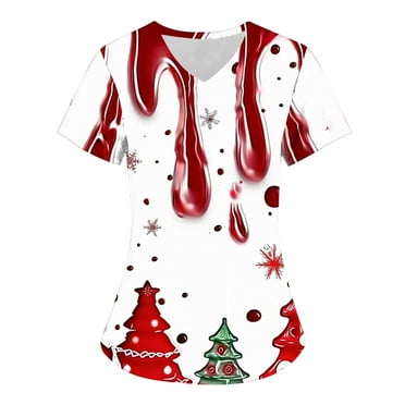 Holiday Savings! Titcea Christmas Scrub Tops Women Christmas Printed Short Sleeved V Neck Scrub Tops with Pockets Lightweight Stretchy Working Uniform