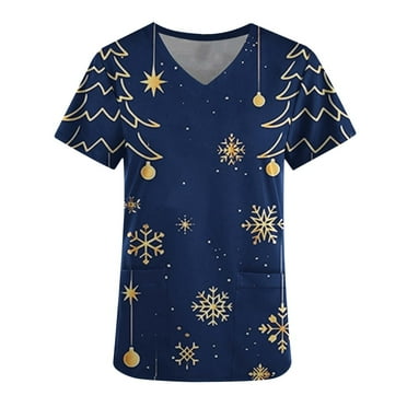 Holiday Savings! Titcea Christmas Scrub Tops Women Christmas Printed Short Sleeved V Neck Scrub Tops with Pockets Lightweight Stretchy Working Uniform
