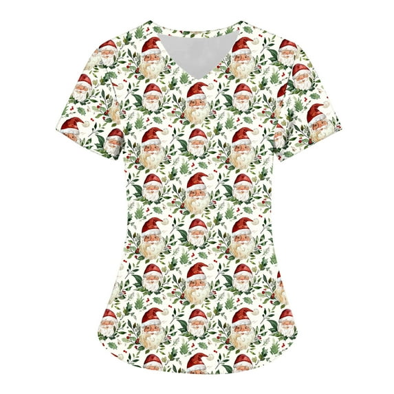 Titcea Christmas Scrub Tops Women Santa Claus Snowman Printed Short Sleeved V Neck Nursing Uniforms with Pockets Loose Comfort Scrub Tops