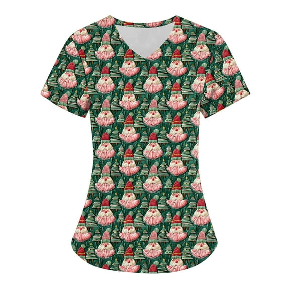 Titcea Christmas Scrub Tops Women Santa Claus Snowman Printed Short Sleeved V Neck Nursing Uniforms with Pockets Loose Comfort Scrub Tops