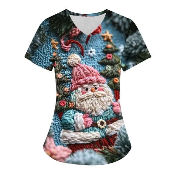 Titcea Christmas Scrub Tops Women Santa Claus Snowman Printed Short Sleeved V Neck Nursing Uniforms with Pockets Loose Comfort Scrub Tops
