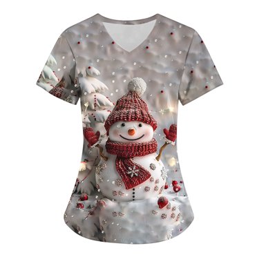 Holiday Savings! Titcea Christmas Scrub Tops Women Santa Claus Snowman Printed Short Sleeved V Neck Nursing Uniforms with Pockets Loose Comfort Scrub Tops