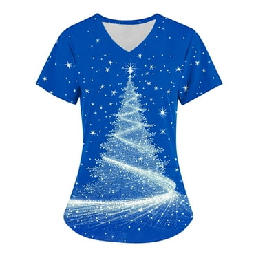 Holiday Savings! Titcea Christmas Scrub Tops Women Christmas Tree Printed Short Sleeved V Neck Nursing Uniforms with Pockets Lightweight Comfort Scrub Shirts