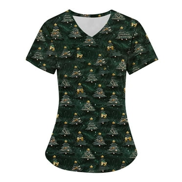 Holiday Savings! Titcea Christmas Scrub Tops Women Christmas Tree Printed Short Sleeved V Neck Nursing Uniforms with Pockets Lightweight Comfort Scrub Shirts