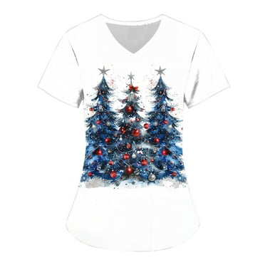 Holiday Savings! Titcea Christmas Scrub Tops Women Christmas Tree Printed Short Sleeved V Neck Nursing Uniforms with Pockets Lightweight Comfort Scrub Shirts