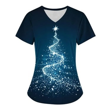 Holiday Savings! Titcea Christmas Scrub Tops Women Christmas Tree Printed Short Sleeved V Neck Nursing Uniforms with Pockets Loose Comfort Scrub Shirts