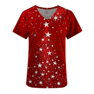 Holiday Savings! Titcea Christmas Scrub Tops Women V Neck Short Sleeved Christmas Scrub Tops with Pockets Lightweight Stretchy Scrub Shirts