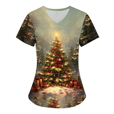 Holiday Savings! Titcea Christmas Scrub Tops Women Xmas Printed Short Sleeved V Neck Scrub Tops with Pockets Lightweight Stretchy Working Uniform
