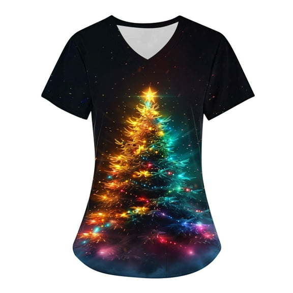 Titcea Christmas Scrub Tops Women Xmas Printed Short Sleeved V Neck Scrub Tops with Pockets Lightweight Stretchy Working Uniform