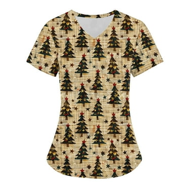 Holiday Savings! Titcea Christmas Scrub Tops Women Xmas Printed Short Sleeved V Neck Scrub Tops with Pockets Lightweight Stretchy Working Uniform