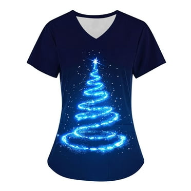 Holiday Savings! Titcea Christmas Scrub Tops Women Xmas Printed Short Sleeved V Neck Scrub Tops with Pockets Lightweight Stretchy Working Uniform