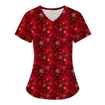 Holiday Savings! Titcea Christmas Scrub Tops Women Xmas Printed Short Sleeved V Neck Scrub Tops with Pockets Lightweight Stretchy Working Uniform