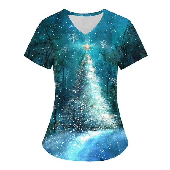 Titcea Christmas Scrub Tops Women Xmas Tree Print Short Sleeve V Neck Working Uniforms with Pockets Lightweight Comfort Scrub Tops
