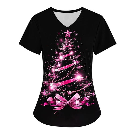 Titcea Christmas Scrub Tops Women Xmas Tree Print Short Sleeve V Neck Working Uniforms with Pockets Lightweight Comfort Scrub Tops