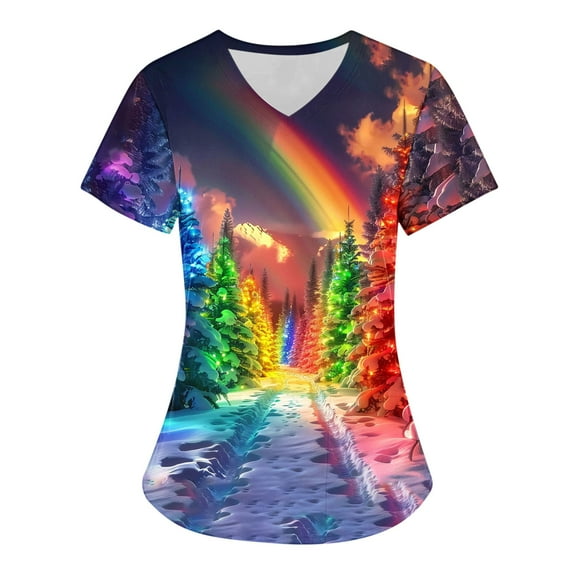 Titcea Christmas Scrub Tops Women Xmas Tree Print Short Sleeve V Neck Working Uniforms with Pockets Lightweight Comfort Scrub Tops