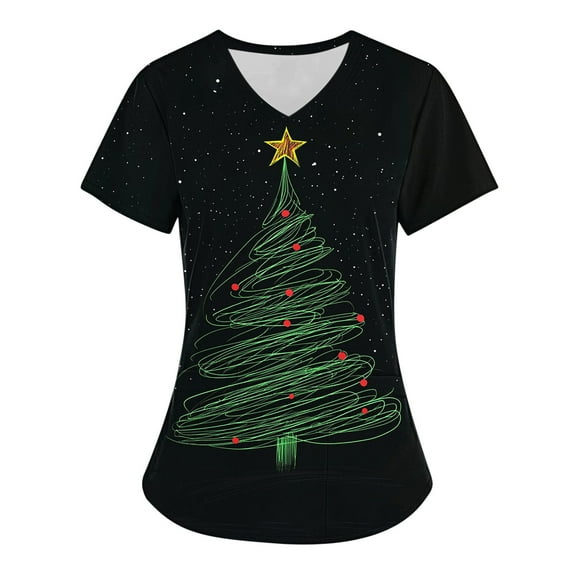 Titcea Christmas Scrub Tops Women Xmas Tree Print Short Sleeve V Neck Working Uniforms with Pockets Lightweight Comfort Scrub Tops