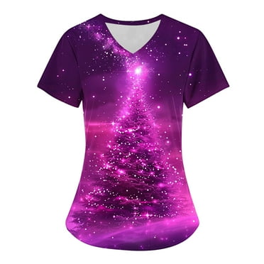 Holiday Savings! Titcea Christmas Scrub Tops Women Xmas Tree Print Short Sleeve V Neck Working Uniforms with Pockets Lightweight Comfort Scrub Tops