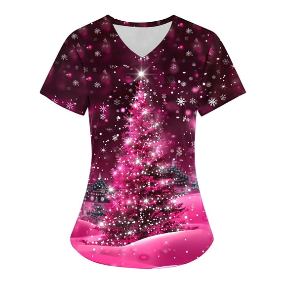 Titcea Christmas Scrub Tops Women Xmas Tree Print Short Sleeve V Neck Working Uniforms with Pockets Lightweight Comfort Scrub Tops