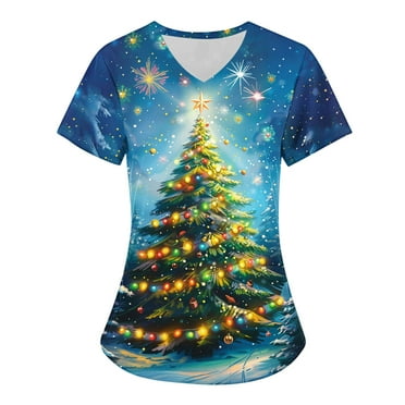 Holiday Savings! Titcea Christmas Scrub Tops Women Xmas Tree Print Short Sleeve V Neck Working Uniforms with Pockets Lightweight Comfort Scrub Tops