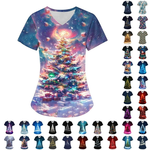 Titcea Christmas Scrub Tops Women Xmas Tree Print Short Sleeve V Neck Working Uniforms with Pockets Lightweight Comfort Scrub Tops