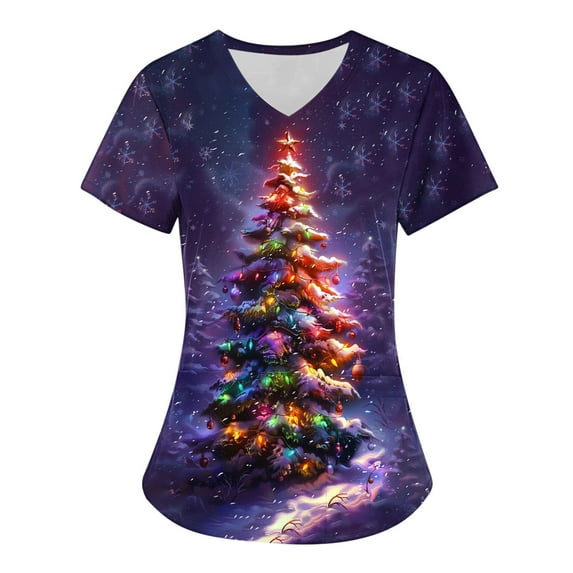 Titcea Christmas Scrub Tops Women Xmas Tree Print Short Sleeve V Neck Working Uniforms with Pockets Lightweight Comfort Scrub Tops