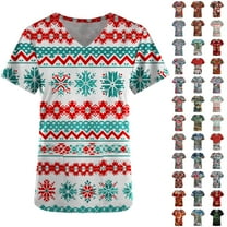 Holiday Savings! Titcea Christmas Scrub Tops for Women Stretchy V Neck Short Sleeve Cute Xmas Printed Nurse Holiday Working Uniforms