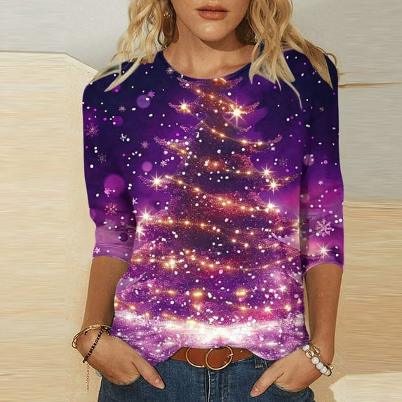 Holiday Gifts! Titcea Christmas Shirts for Women 3/4 Sleeve Crewneck Cute Christmas Print Pullover Sweaters 2024 Loose Comfort Casual Tops