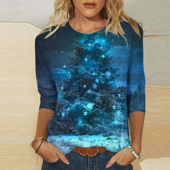 Titcea Christmas Shirts for Women 3/4 Sleeve Crew Neck Fashion Xmas Print Shirt Christmas Party Pullover Tops
