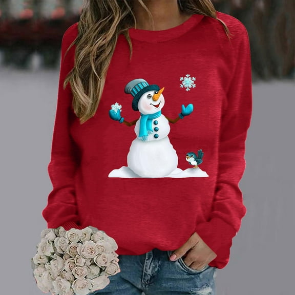 Titcea Christmas Sweaters for Women Cute Snowman Fashion Round Neck Pullover Sweatshirts Xmas Party Comfort Casual Tops